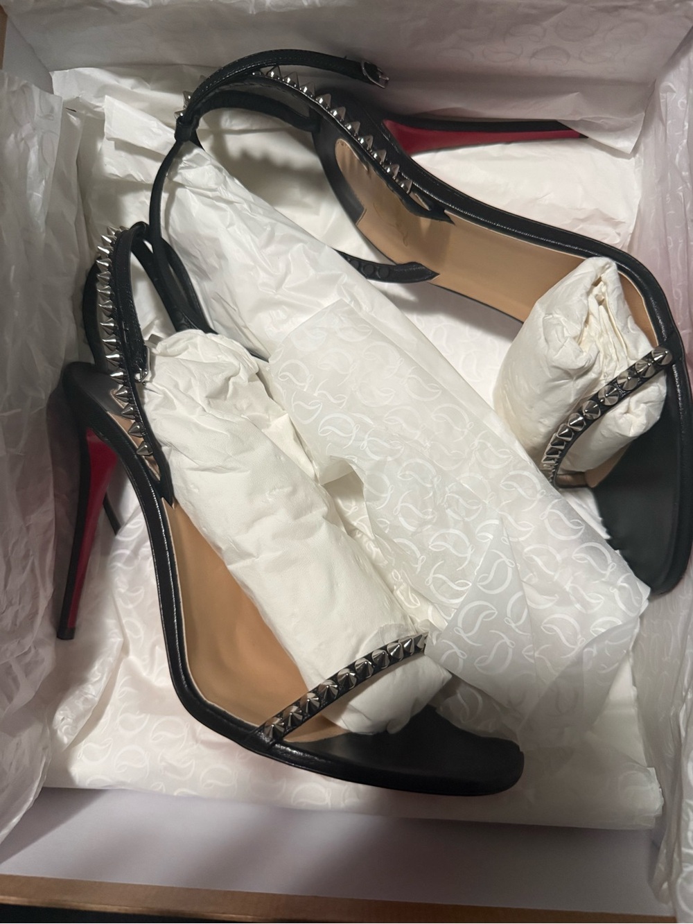 Christian Louboutin Black Studded Open-Toe Slingback Heels with Red Soles